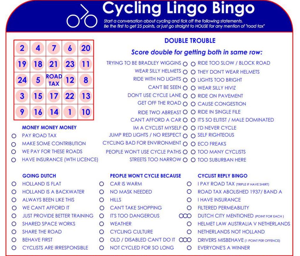 Pedal Parity's bingo card for dialogue on why cyclists "shouldn't cycle on the roads"