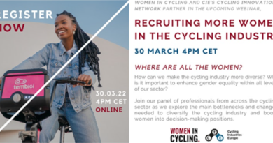 Woman holding bike on left of image, Women In Cycle webinar details in panel on right of image