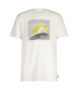 White t-shirt with graphic of castle on hill in a hand drawn style