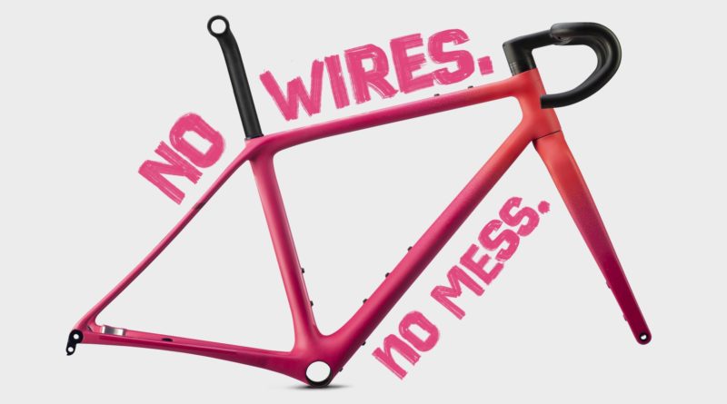 Frame, fork, bar, stem, and seatpost, side profile with, "No wires. No Mess" graphic surrounding the frameset