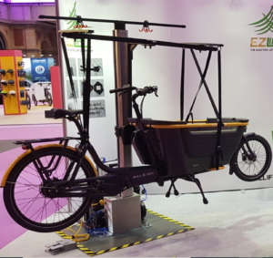 EZLift Shop Lift with Cargo Carriage fitted, and cargo bike lifted from the ground