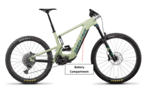 Side on shot of Santa Cruz Hekkler e-bike with arrow pointing to battery and label highlighting this