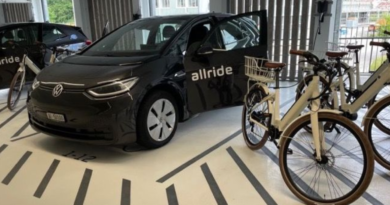 Showroom with VW id3 alongside e-bikes. car has "allride" logo on the door