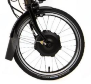 Close crop image showing front wheel and mudguard on Brompton electric bike
