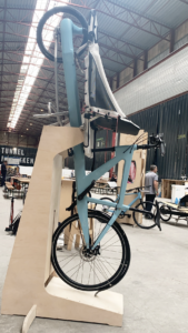 Cargo bike in vertical display stand
