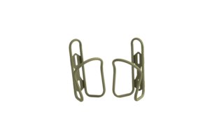 2 Olive Drab Ti bottle cages, stood end on, cage facing inward, on a white background