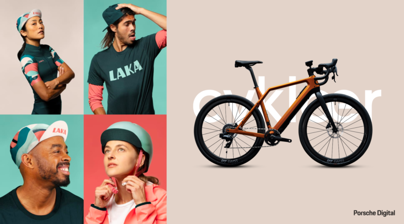 4 profile pics cubes on the left of image with Laka branded clothing being worn. Right had side of image is a drive side on picture of Porsche bike brand Cyklaer with the bike place in front of text of the name