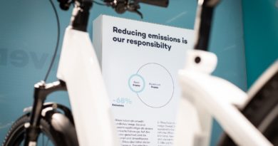 Advanced Reco Recyclable bike infront of message about sustainable credentials