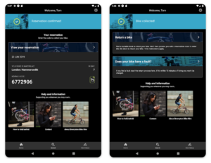 Brompton Bike Hire App screenshots of reservation and return screens
