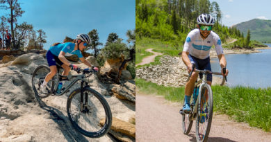 2 action images joined side by side of Sparky Moir and Michael Potter riding a mountain bike and a gravel bike