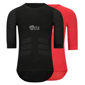 SPATZWEAR 'RACE LAYER' Short Sleeve Baselayer. Black in front of Red on white studio shot backgrond
