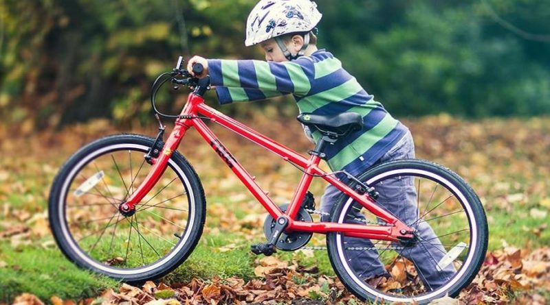young child pushing Frog bike along grass and autumnal leave covered parkland