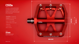 Digital render of PINND CS2s pedal in red with dimensions outline around pedal body