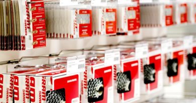 Sram essentials - cassettes and chains - hung on shelves