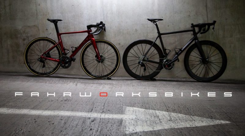 Fahrworks Bikes logo overlaid on a stark concrete backdrop with 2 bikes against a wall