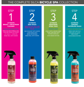 Silca 4 step bike spa products lined up side by side with text product details above each