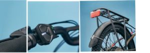 3 tille images of the bar mounted controler and the rear pannier rack with mudguard