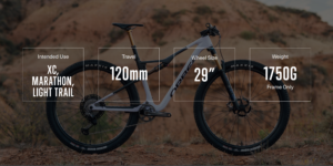 Text with key stats layed over image of drive side on Orbea Oiz in red dirt surrounding