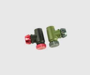 Green / Green and Black / Red Eolo CO2 cart valves side by side on white background