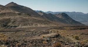 Arid, rocky, mountainous desert with gravel path winding through it