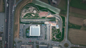 Drone picture 'overhead' of Vittoria HQ and bike park