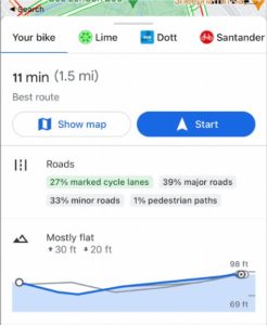 Google maps screenshot showing road detail for the journey planned, including the percentage of cycle lane