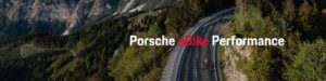 Riders on road in heavily wooded setting, with Porsche eBike Performance text overlay