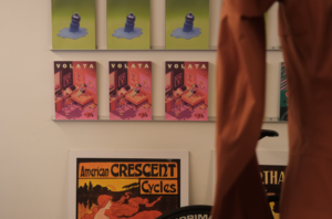 Wall display of magazines and art work