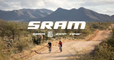 2 riders on gravel trail with bush either side and mountains in the background. Text overlay with SRAM and brands within the SRAM group