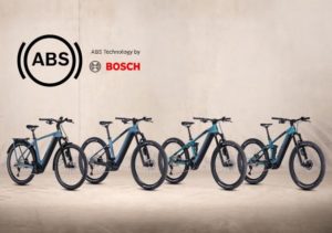 Cube 4 bike line up of Bosch ABS equipped models with 'ABS' and 'Bosch' logos overlaid on the image