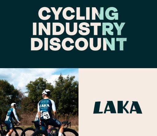 Laka cycling industry discount text with image of road cyclists paused on a ride