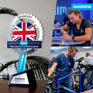 Shimano Service Centre 3 tile montage image with trophy, workshop with bike in stand, and person writing notes at desk