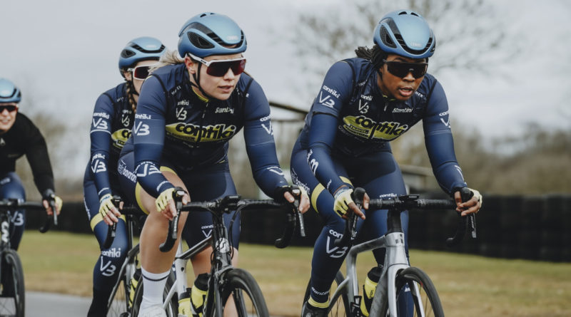 2 women riding in Velo Bavarian Team sponsored kit on a group training ride
