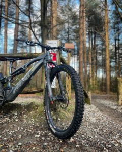 Whyte MTB leaning against post in Bedgebury Forest