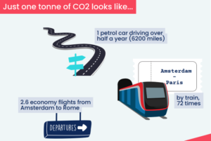 Zedify infographic showing what 1 tonne of CO2 looks like for train, plane, car journeys