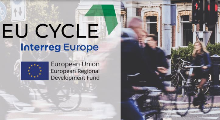 EU CYCLE Interreg Europe branding with image of cyclists in urban travel on right side