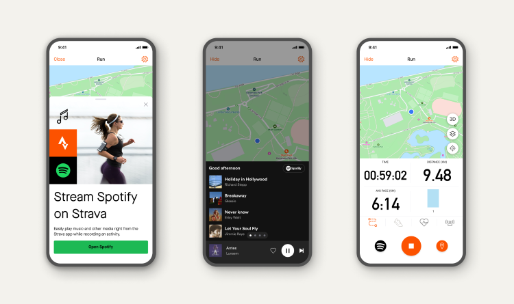 3 mobile devices side by side showing the new Stava and Spotify integration in action
