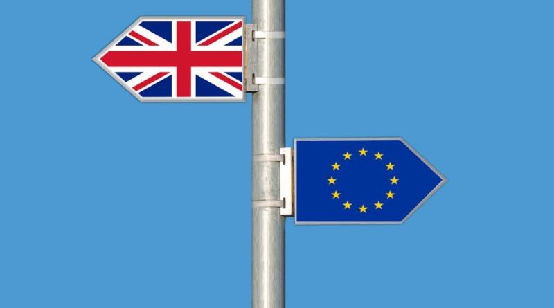 UK and EU signs pointing in opposite directions on a metal sign post