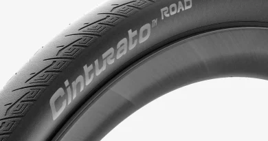 Ultra close up of Pirelli Cinturato road tyre mounted to rim