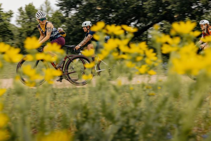 Women riding gravel bikes with long wide flowers grass in front the shot