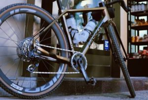 BASSO gravel bike parked outside the Eat Sleep Cycle Girona Hub. Close up of bike.