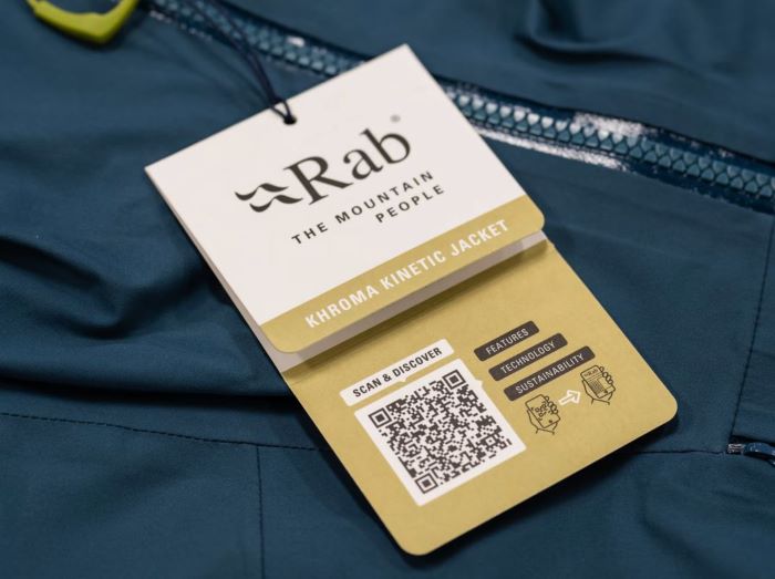 Rab clothing item with Material Facts QR code on swing tag