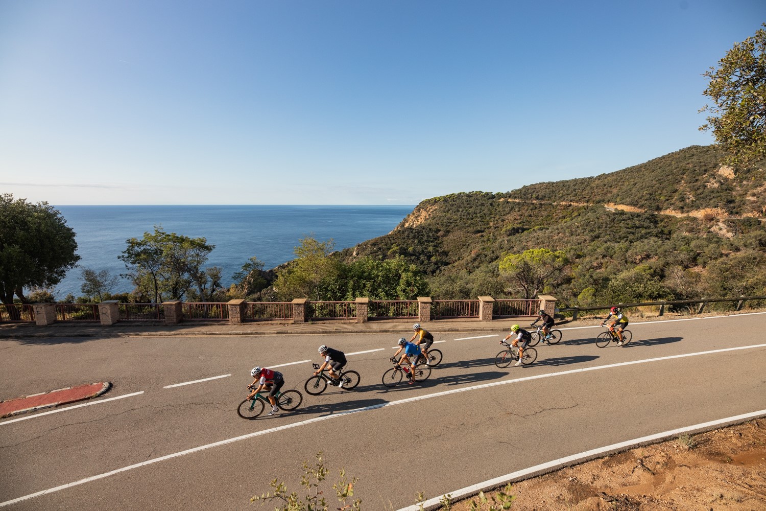 7 road bike riders on coastal road in sunshine with blue sea and sky in the background