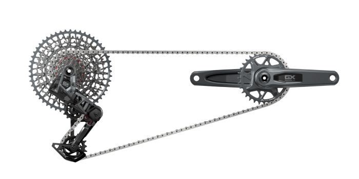 SRAM GX Eagle Transmission studio shot of drivetrain suspended in air, shot against a white background