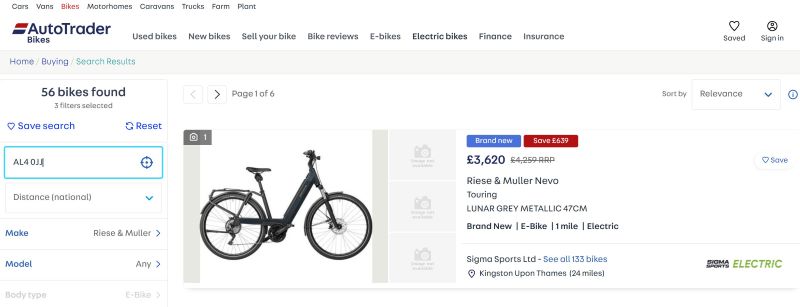 Banner shaped screen shot of a search return from the Auto Trader eBike site