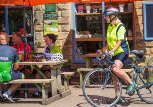 Cyclists at café stop