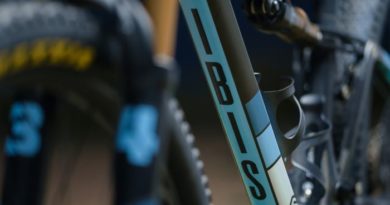 Close up of IBIS leters on underside of down tube on Exie XC race bike