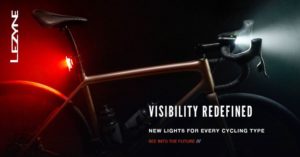 Lezyne banner image for new LED product range launch. Road bike with lights on front and back in a dark shot showing off the light stream