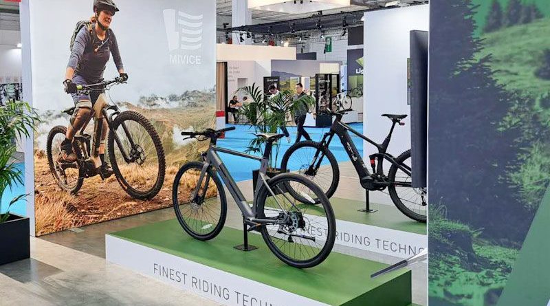 Mivice equipped hybrid and mountain bikes on stand at Eurobike