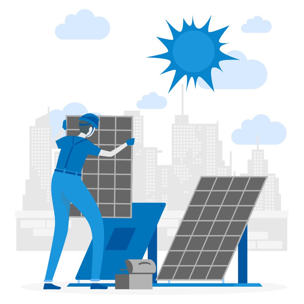 Graphic style image showing solar panels being installed 
